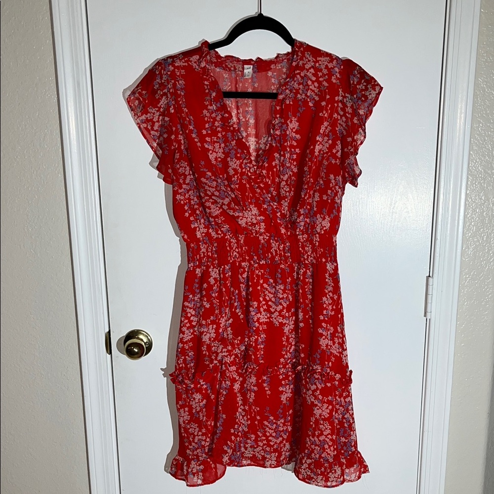 Floral Red V-Neck Mini Dress with Ruffle Sleeves